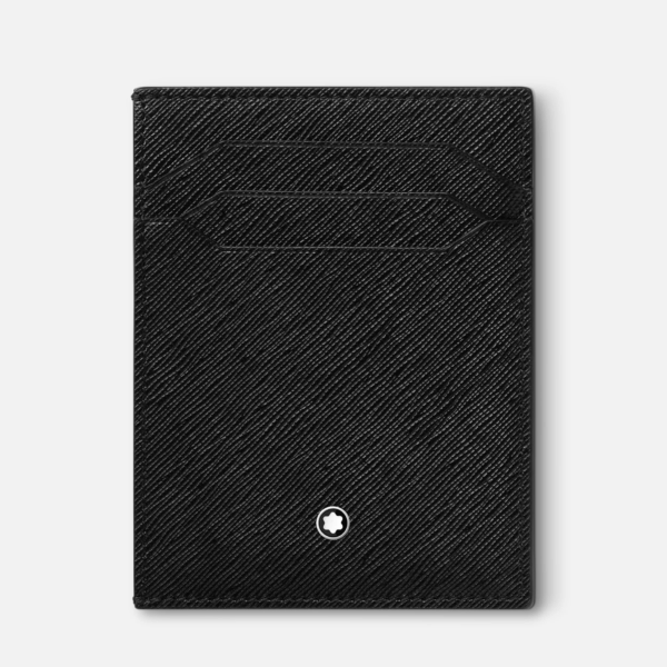Porta carte Montblanc Meisterstück in pelle nera con due slot per carte ed emblema bianco al centro inferiore.