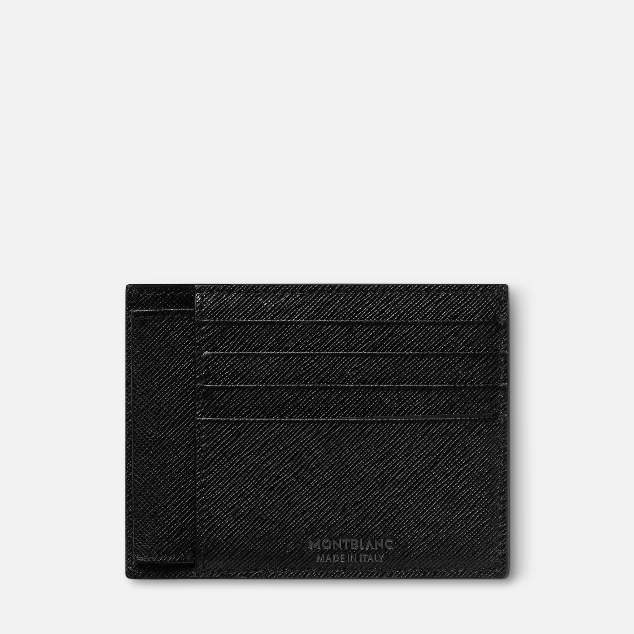 Porta carte Montblanc Meisterstück in pelle nera con quattro slot posteriori e marchio “Made in Italy”.