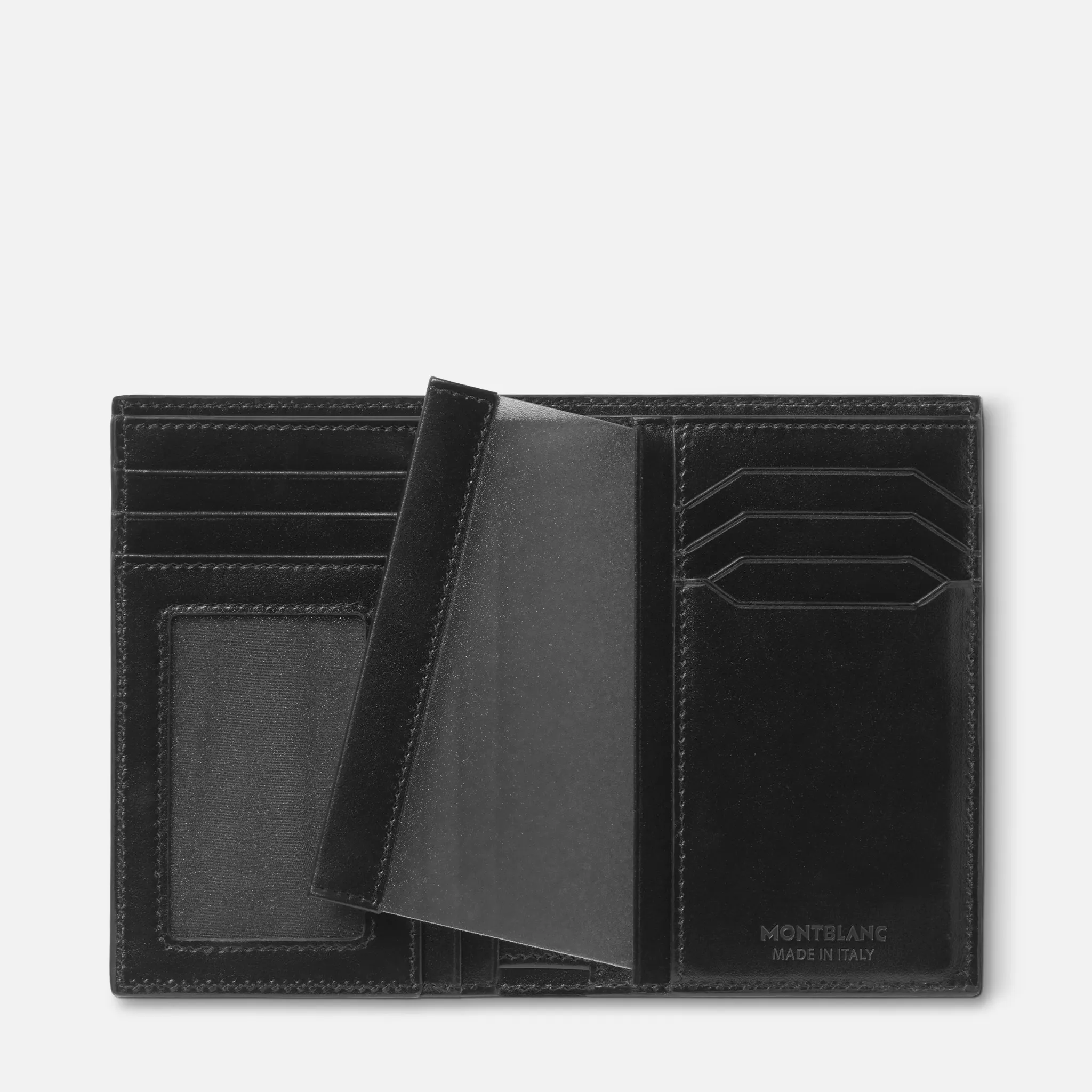 Interno del portafoglio Montblanc Meisterstück con inserto porta documento d’identità aperto e scomparti per carte.