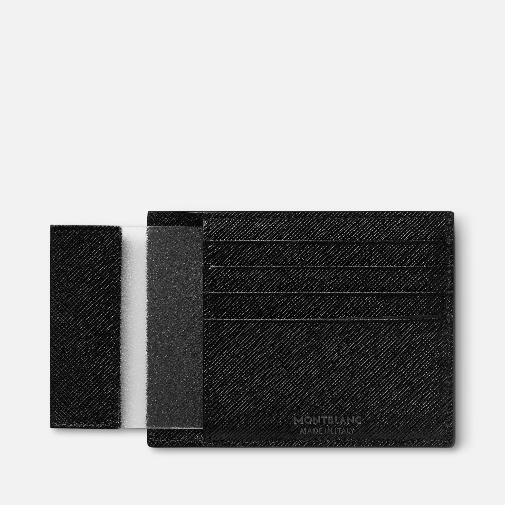 Porta carte Montblanc Meisterstück in pelle nera con tasca trasparente e slot multipli per carte.