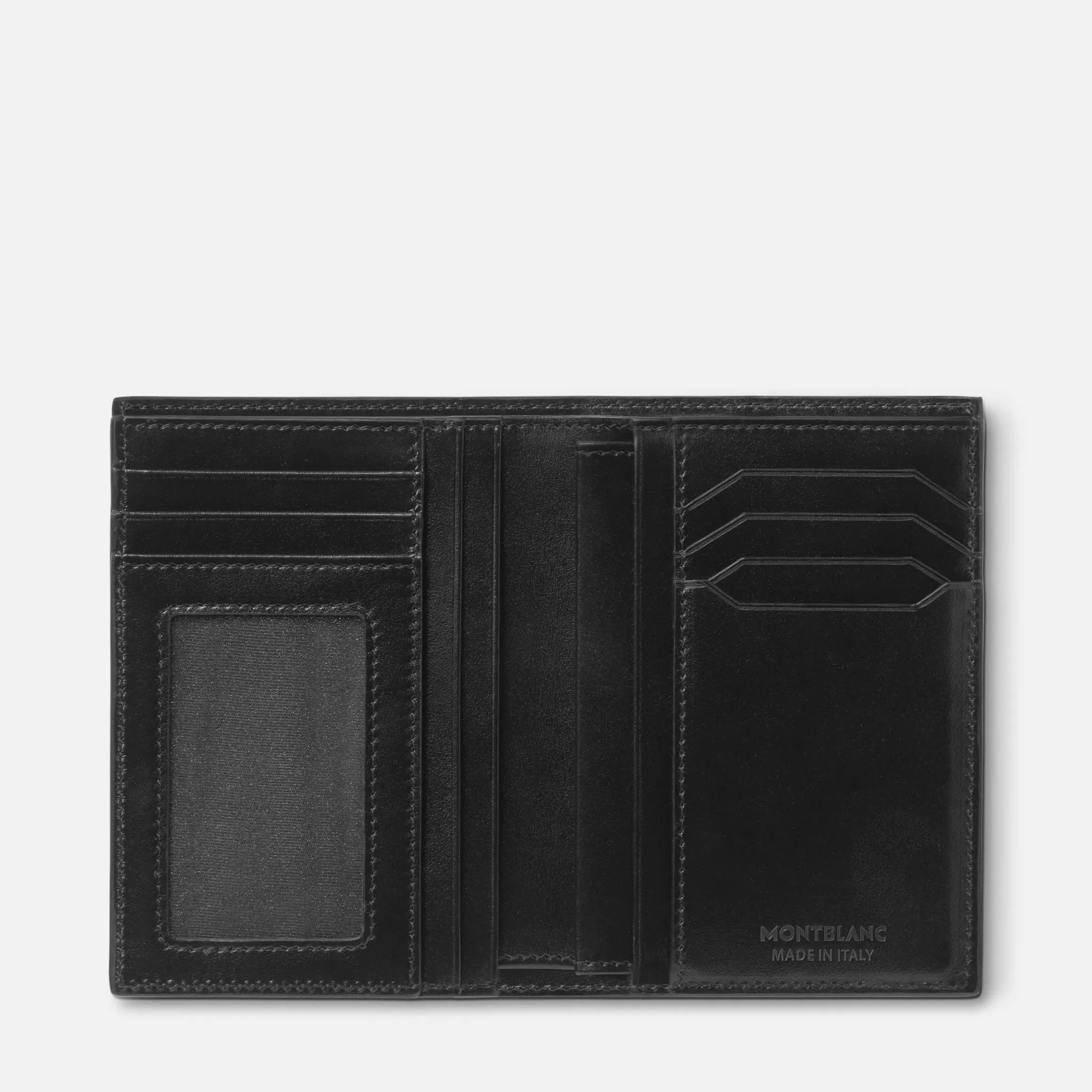 Interno del portafoglio Montblanc Meisterstück con slot per carte su entrambi i lati e alloggiamento centrale.