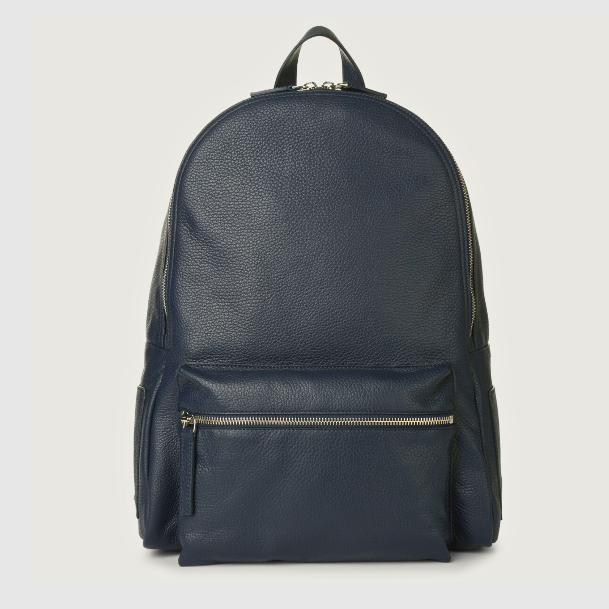 Zaino Micron Orciani pelle blu – vista frontale con tasca e doppia zip