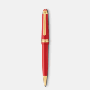 Penna Montblanc rossa con finiture dorate, visuale laterale completa