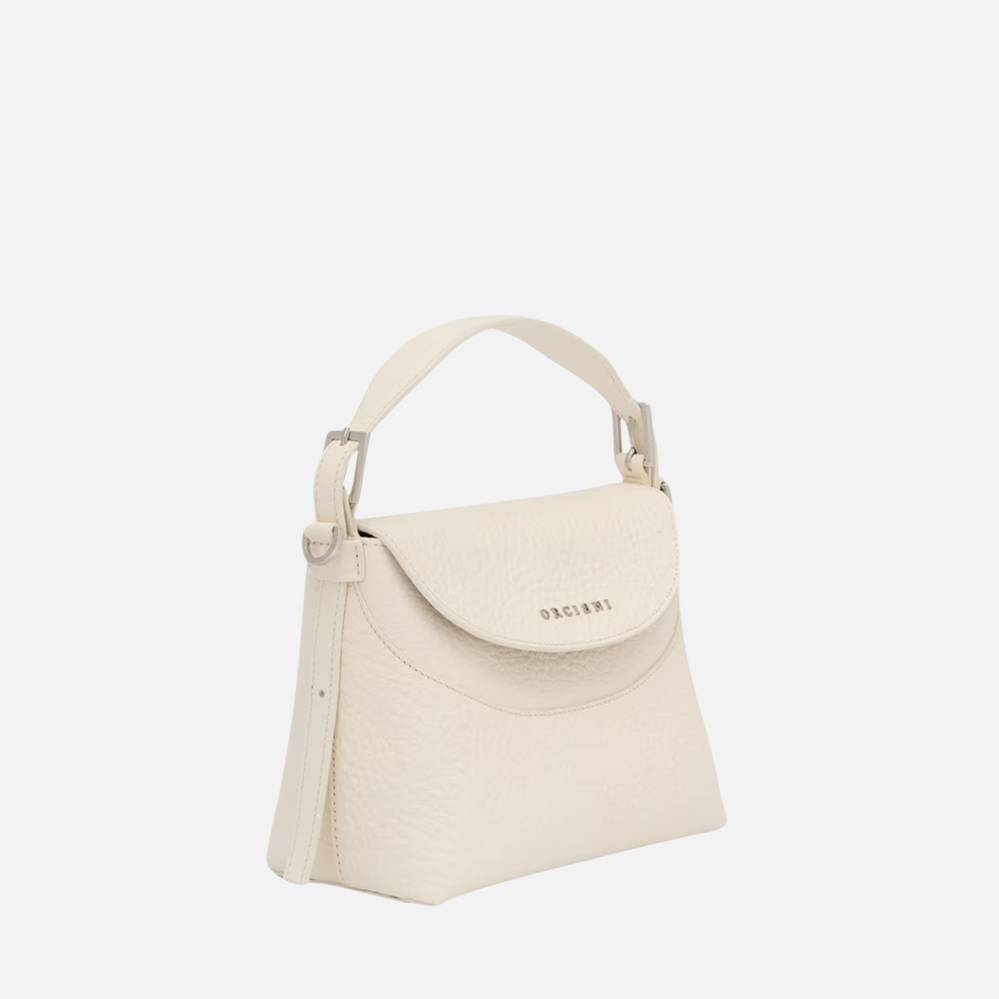 Orciani Nana Small Soft – Borsa compatta bianca in pelle martellata Borsa Orciani Nana Small Soft bianca in pelle martellata con logo frontale
