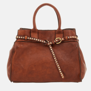 Borsa Campomaggi Kura Shopping Cognac vista frontale con rivetti dorati e doppio manico