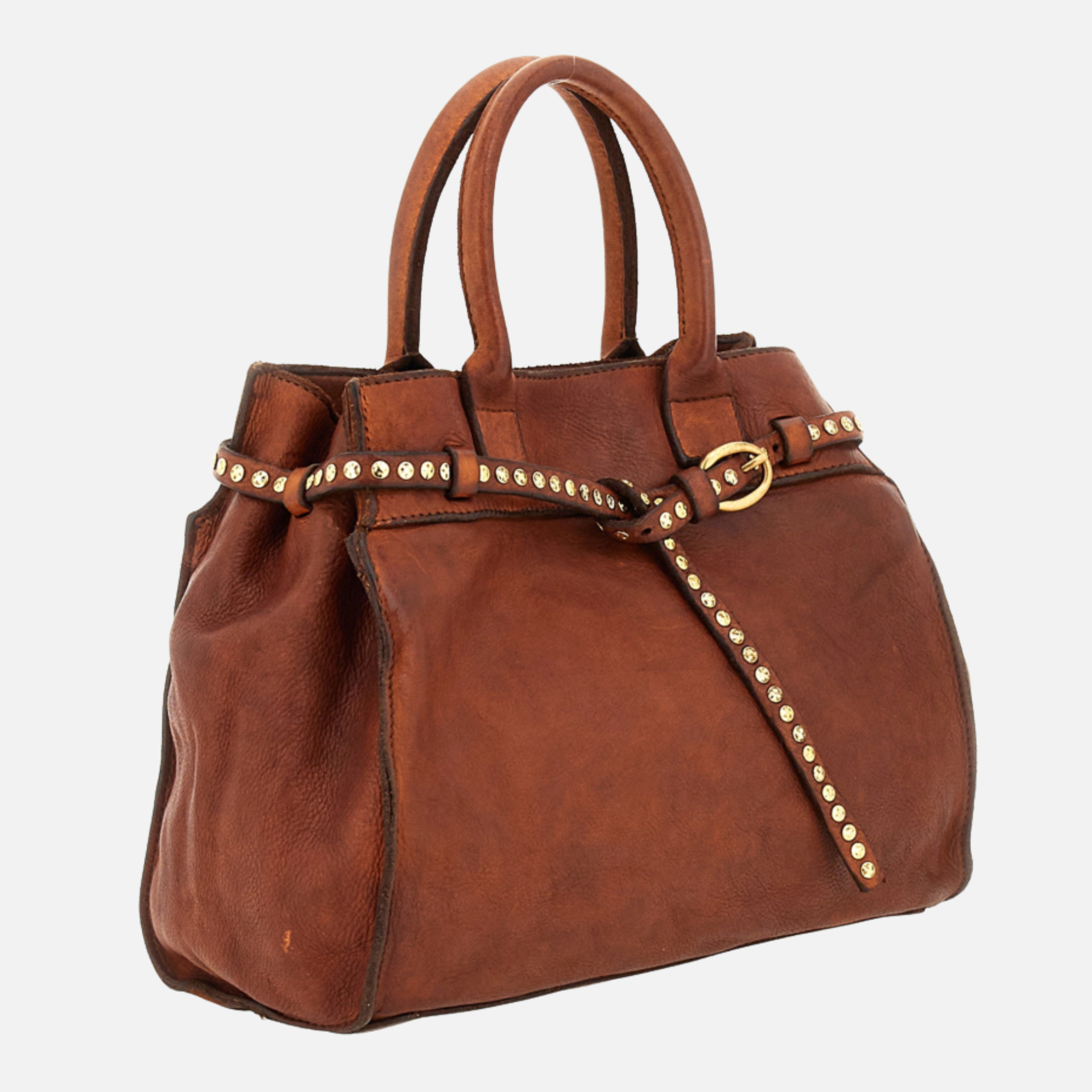 Vista laterale della borsa Campomaggi Kura Shopping Cognac con profilo borchiato e cuciture artigianali