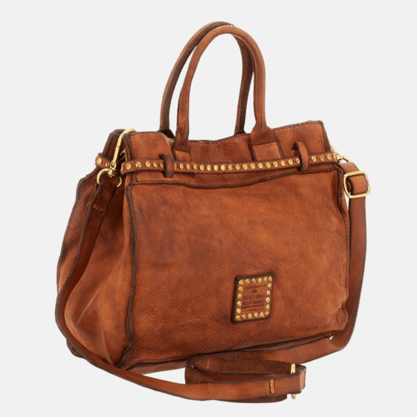 Retro borsa Campomaggi Kura Shopping Cognac con patch borchiato e tracolla removibile