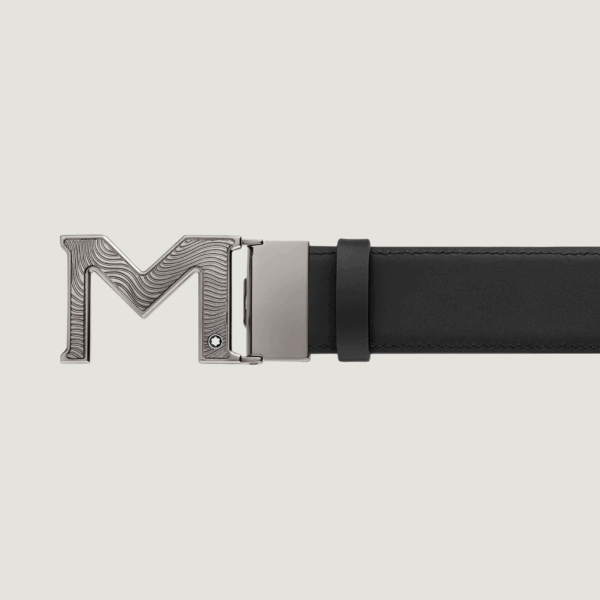 Cintura Montblanc nera con fibbia M guilloché ed emblema inciso
