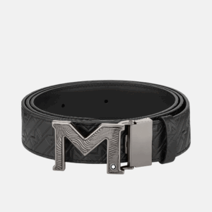 Cintura Montblanc reversibile in pelle nera con fibbia M guilloché nera