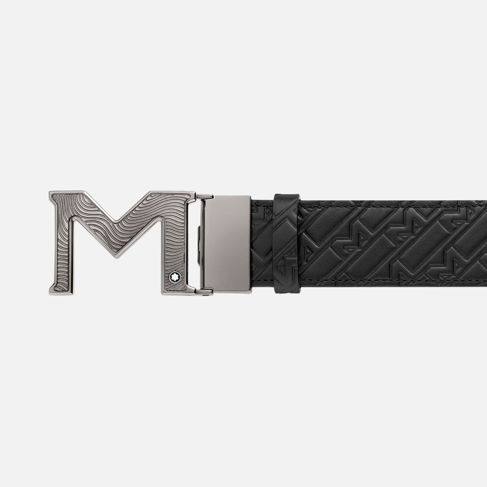 Cintura Montblanc reversibile in pelle nera con motivo geometrico e fibbia M guilloché