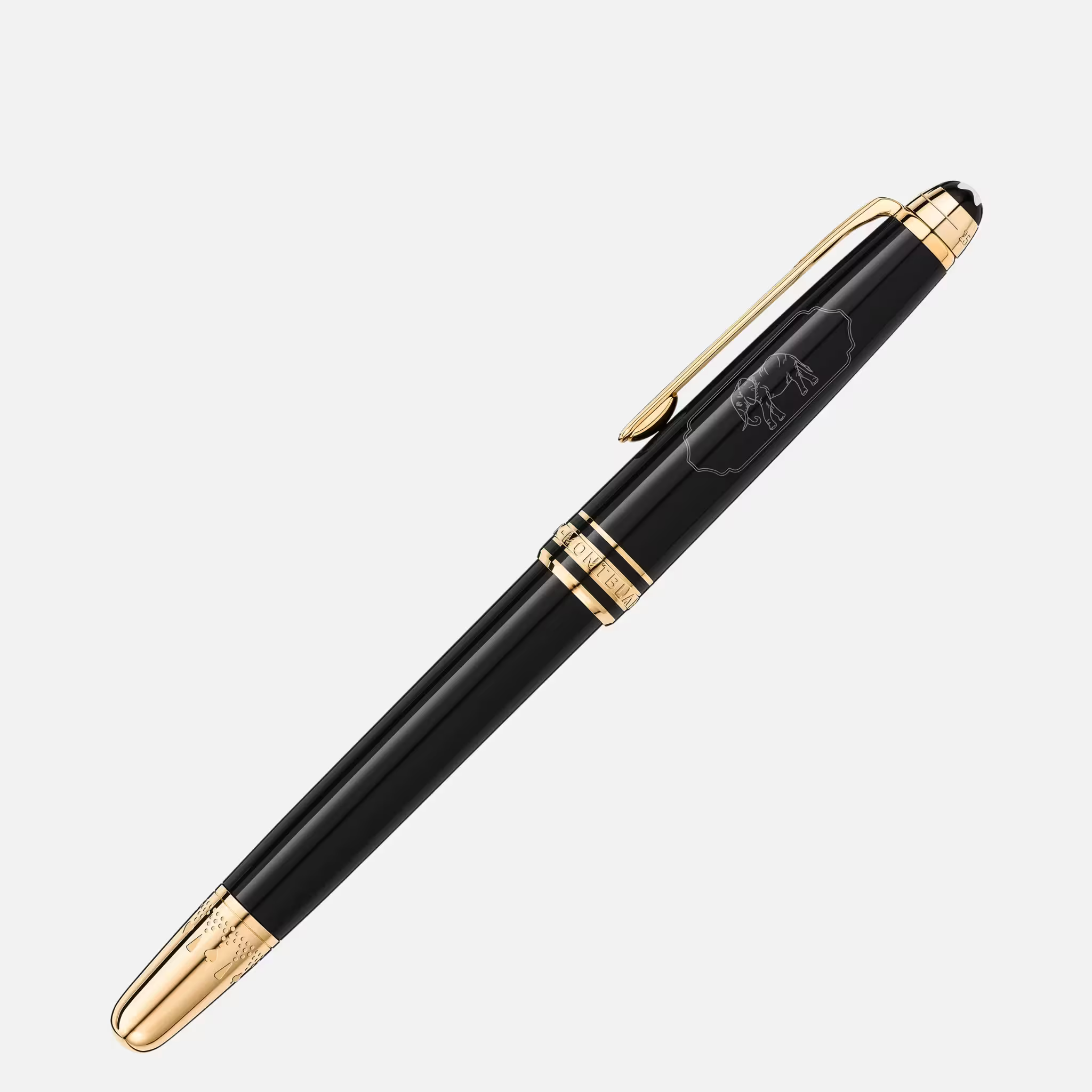 Montblanc Classique 80 Days Roller – Dettaglio con elefante inciso Penna Montblanc Classique 80 Days Roller con incisione dell’elefante