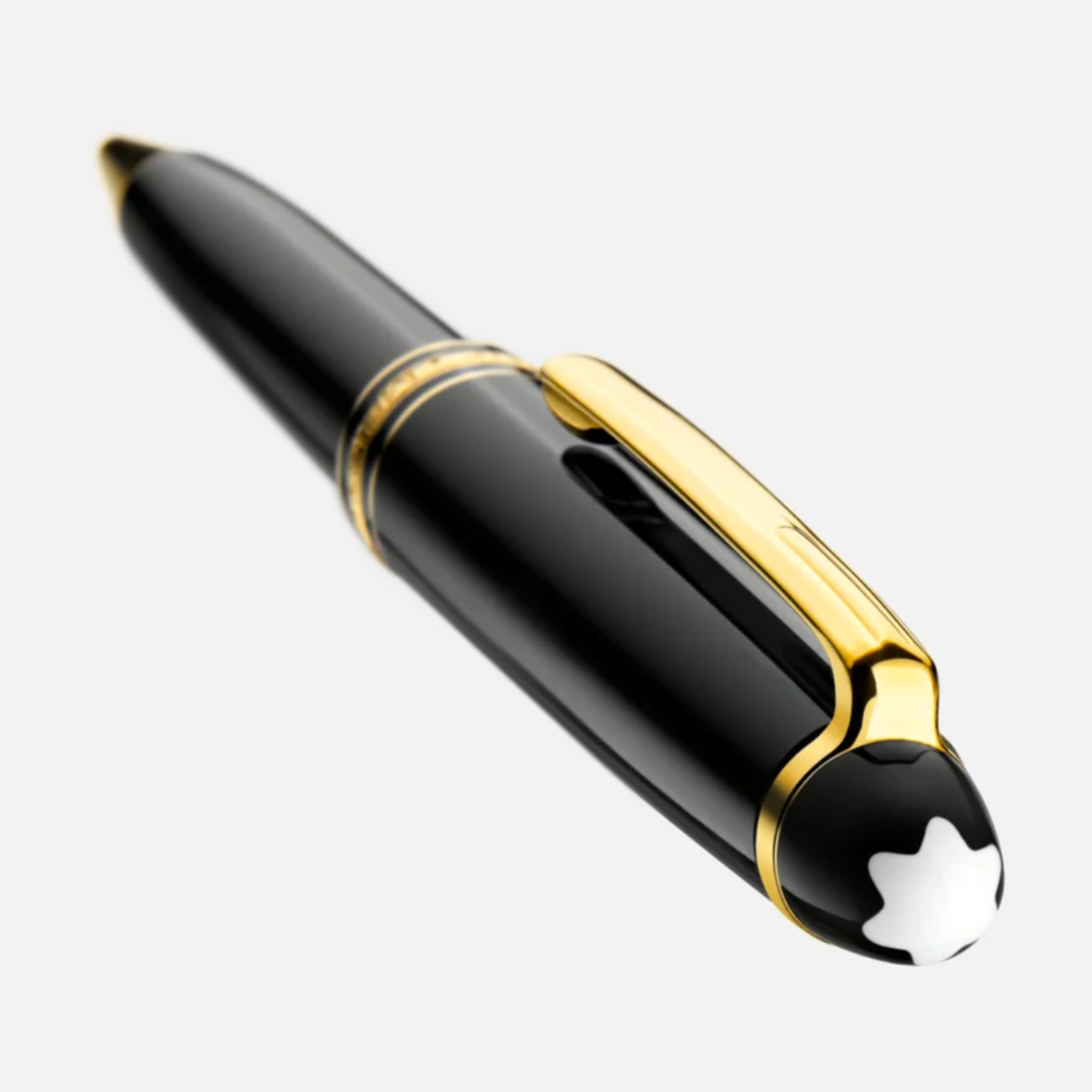 Dettaglio clip dorata e cappuccio con emblema bianco Montblanc