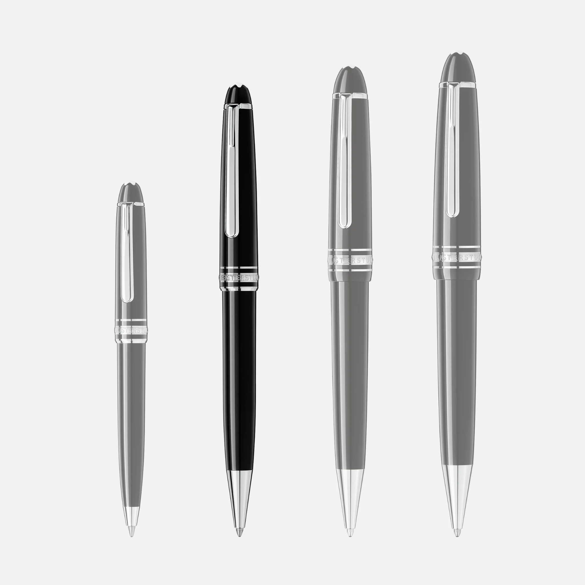 Quattro penne Montblanc Classique affiancate, effetto trasparenza per confronto visivo