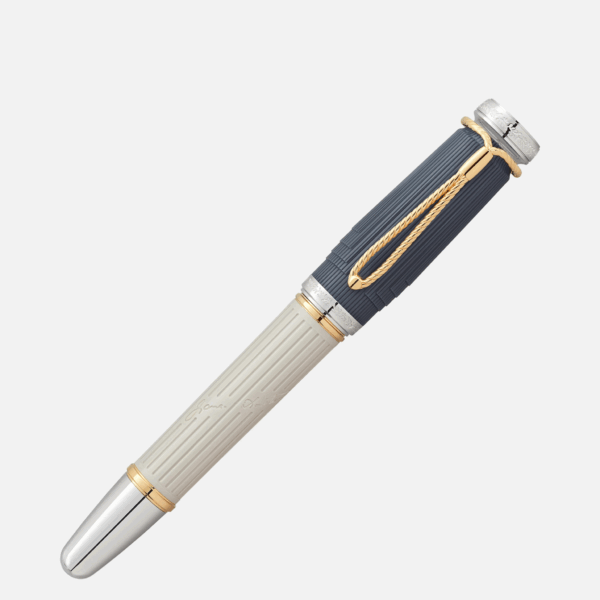 Penna stilografica Jane Austen chiusa con cappuccio blu-grigio e corpo grigio arenaria