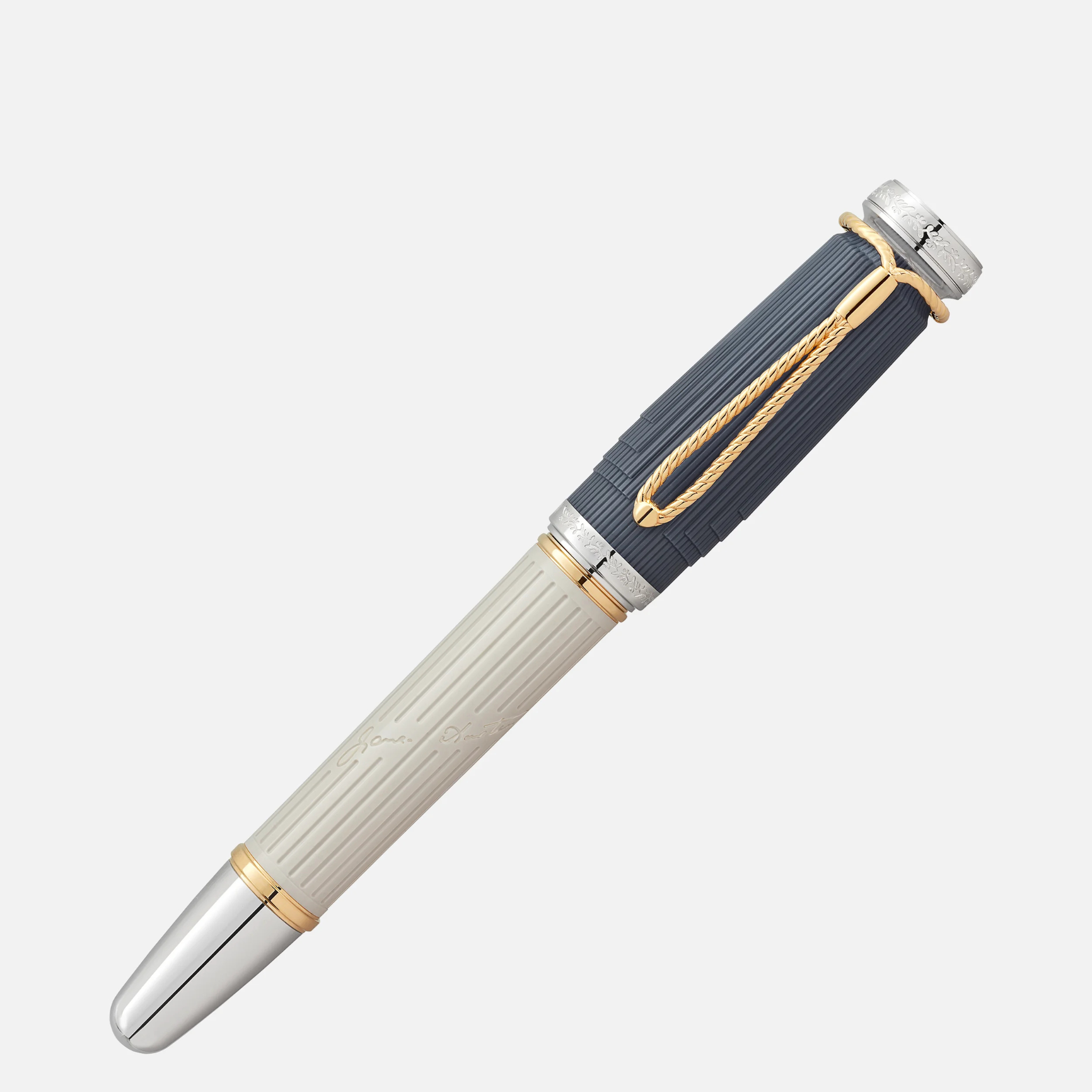 Penna stilografica Jane Austen chiusa con cappuccio blu-grigio e corpo grigio arenaria