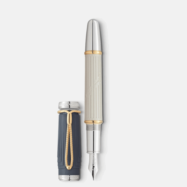 Montblanc Jane Austen Writers Edition stilografica con cappuccio blu inserito e corpo grigio arenaria, clip intrecciata dorata visibile