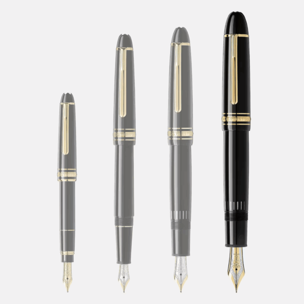 Quattro stilografiche Montblanc Meisterstück nere con finiture dorate disposte in ordine di grandezza