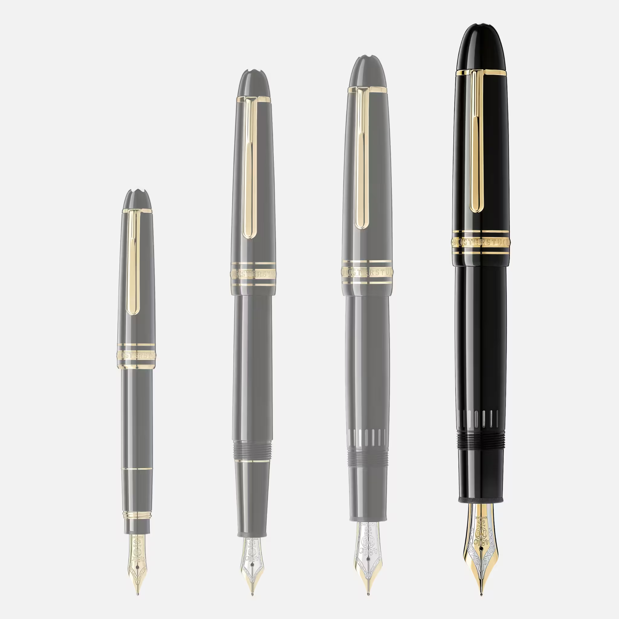 Quattro stilografiche Montblanc Meisterstück nere con finiture dorate disposte in ordine di grandezza