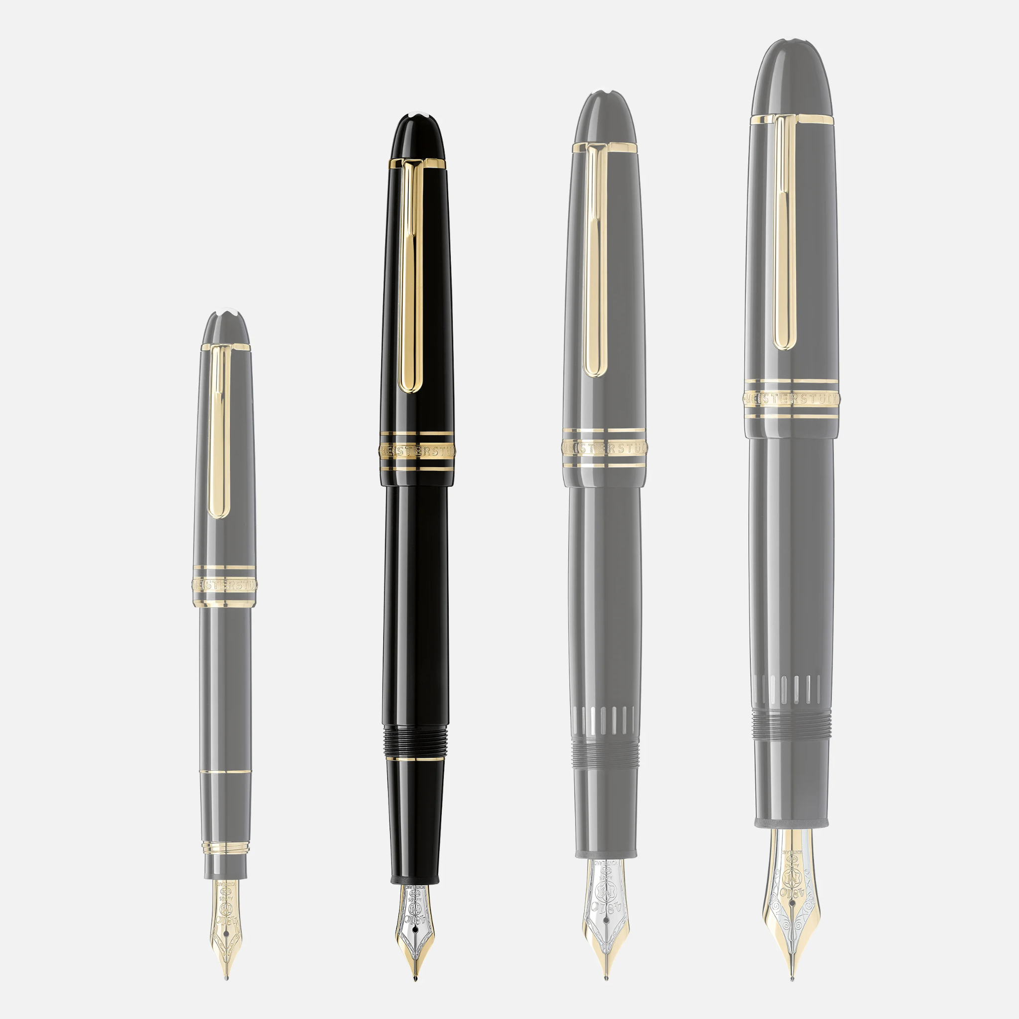 Confronto tra stilografiche Montblanc di diverse dimensioni, inclusa la Classique Gold-Coated