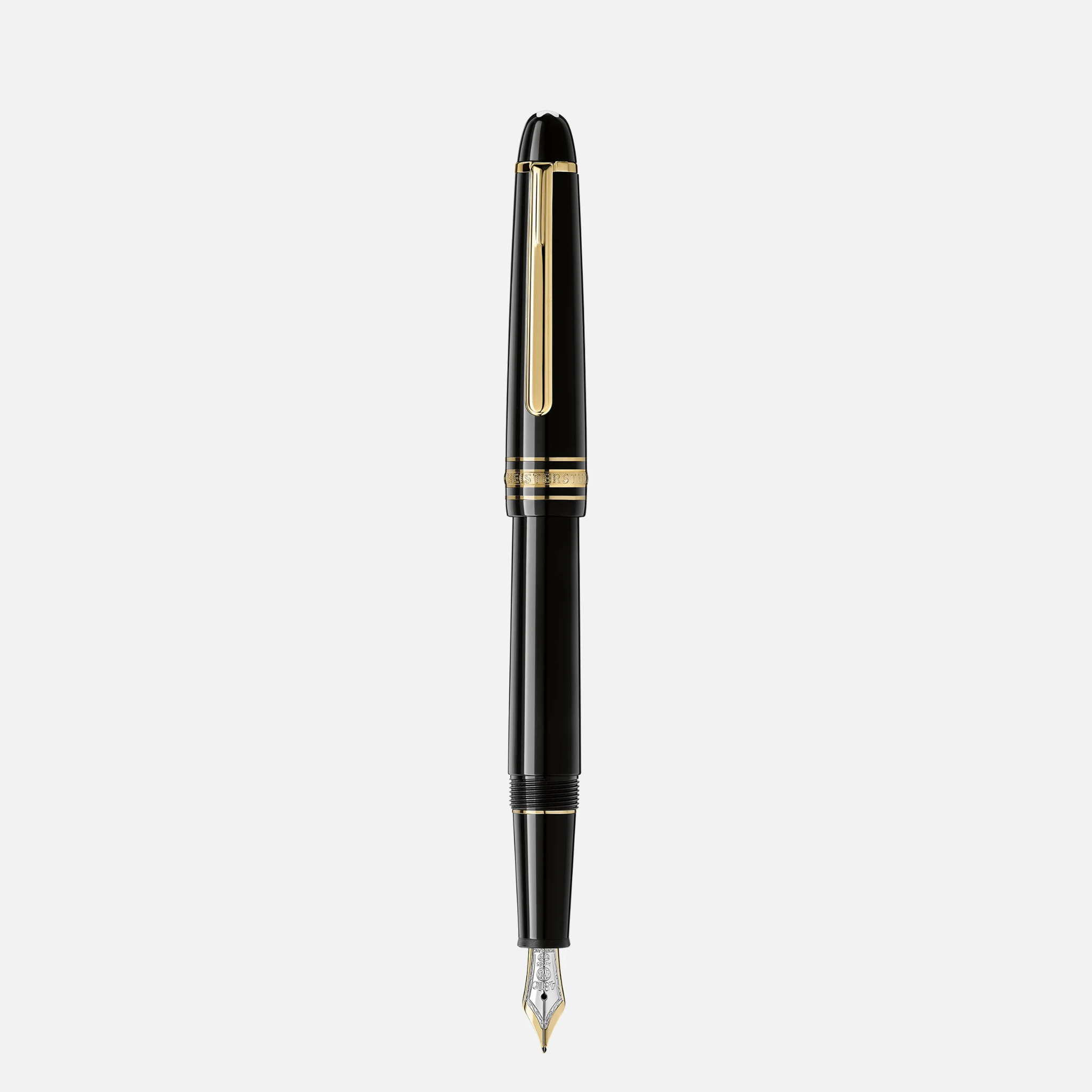 Montblanc Meisterstück Classique Gold-Coated – Vista Frontale Stilografica Montblanc Meisterstück Classique Gold-Coated vista frontale con cappuccio e finitura oro