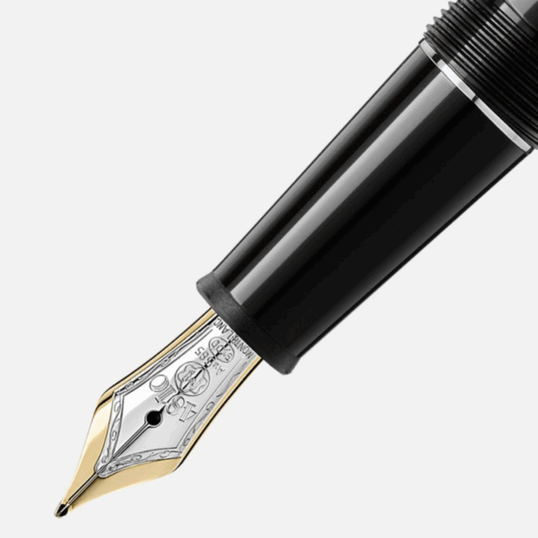 Dettaglio pennino M Montblanc Meisterstück Classique in oro 14K con finitura rodio, inciso con 4810 e AU585