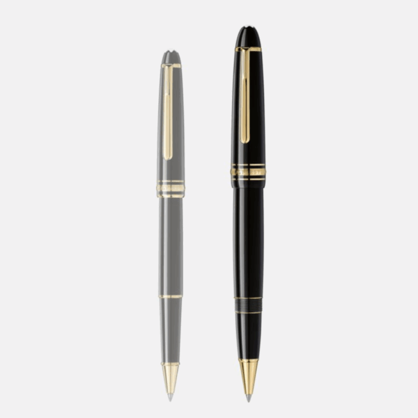 Due roller Montblanc Meisterstück LeGrand affiancati: uno in evidenza, uno semitrasparente, entrambi in resina nera con finiture oro