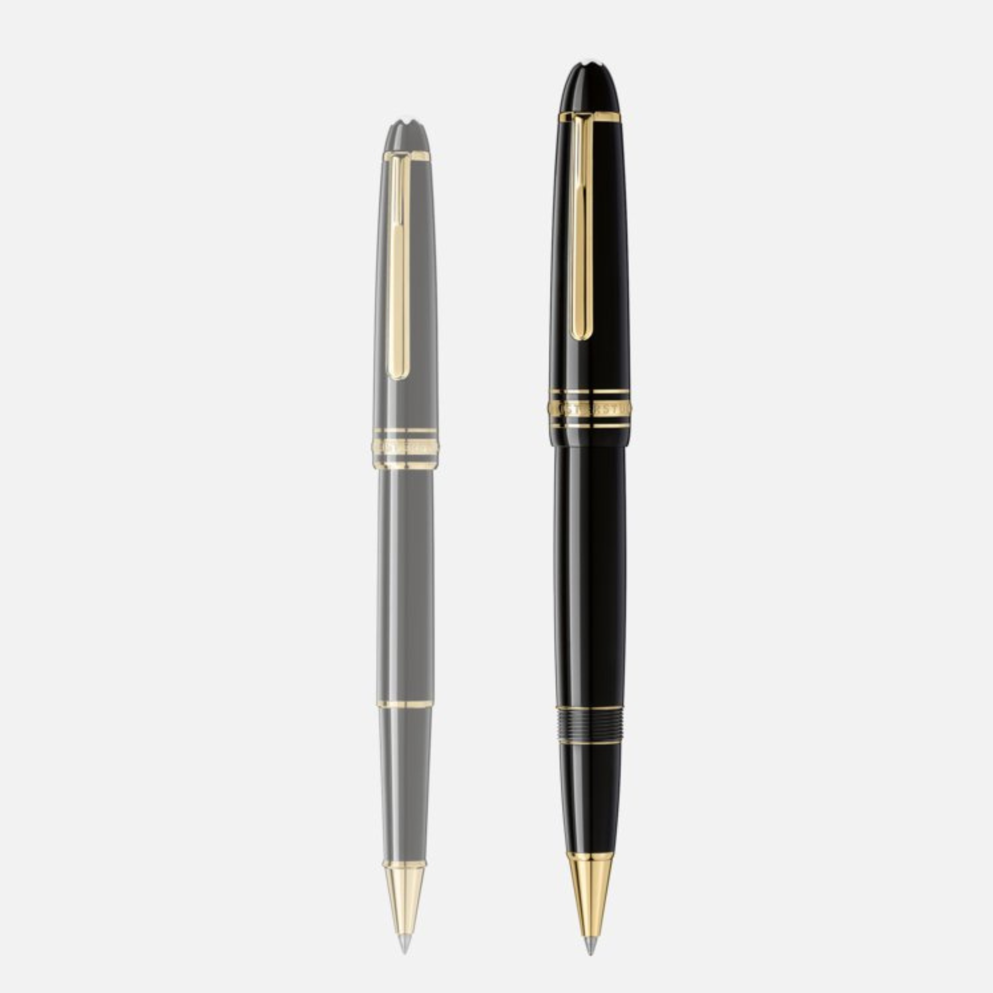 Due roller Montblanc Meisterstück LeGrand affiancati: uno in evidenza, uno semitrasparente, entrambi in resina nera con finiture oro