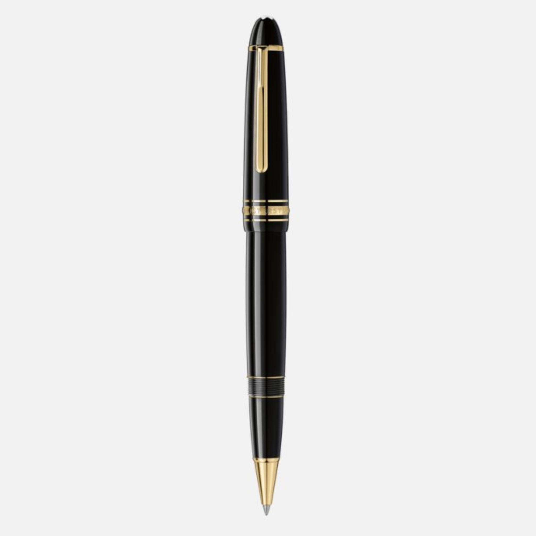 Montblanc Meisterstück LeGrand – Roller Gold-Coated (Vista Frontale) Roller Montblanc Meisterstück LeGrand in resina nera con finiture oro e clip numerata – vista frontale completa