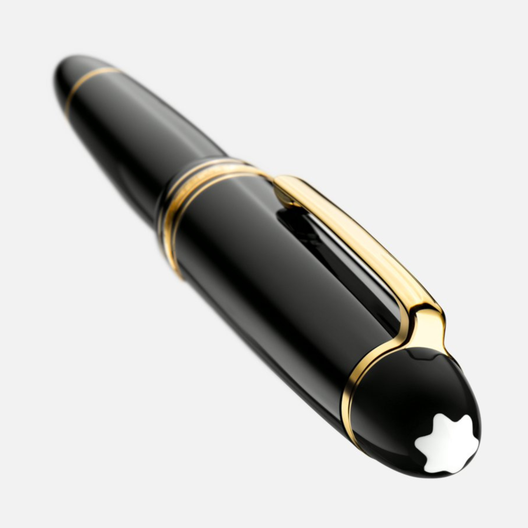 Roller Montblanc Meisterstück LeGrand in resina nera con finiture oro lucido e cappuccio applicato – vista diagonale