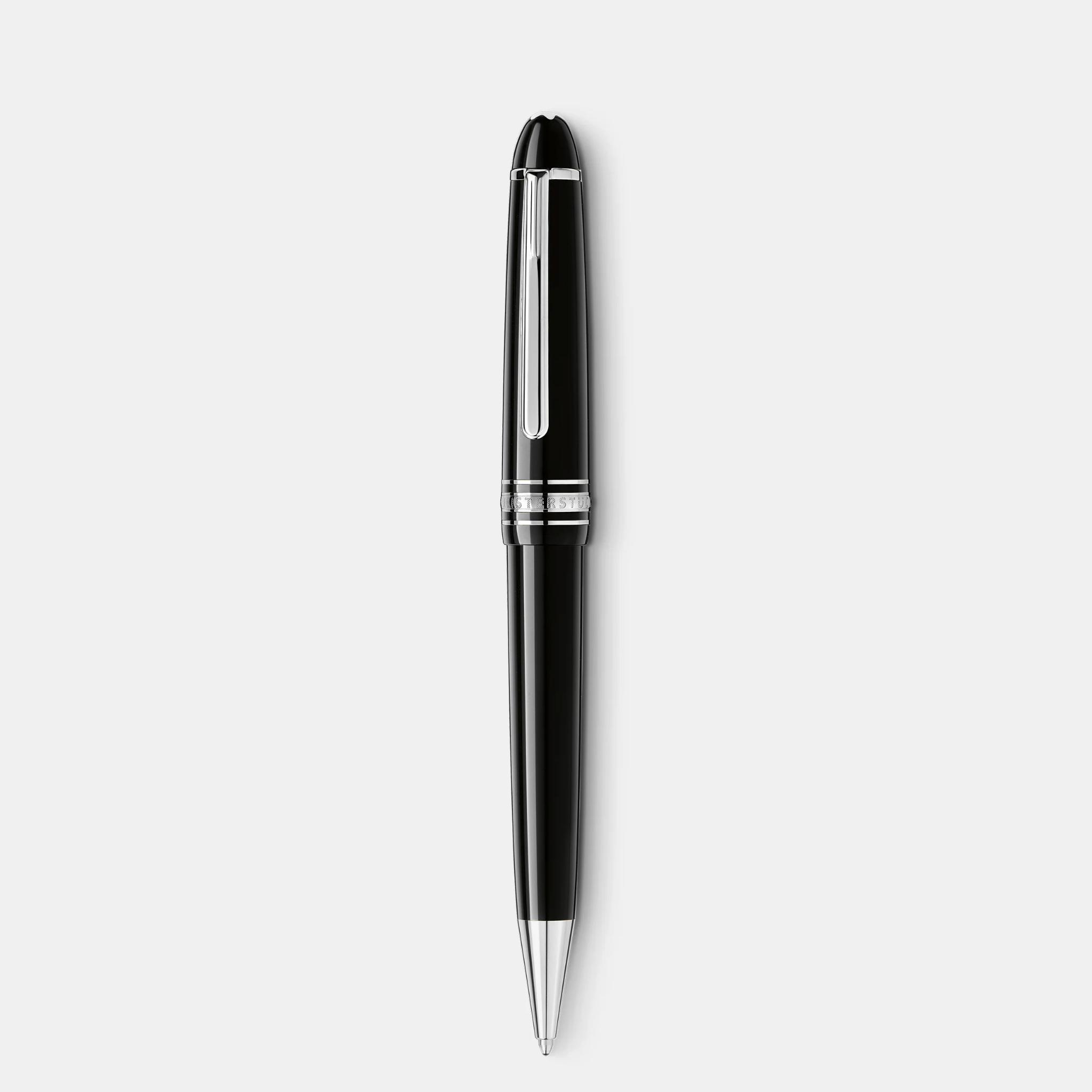 Montblanc Meisterstück Midsize Platinum – Vista Frontale Penna a sfera Montblanc Meisterstück Midsize Platinum Line vista frontale verticale con finitura platino