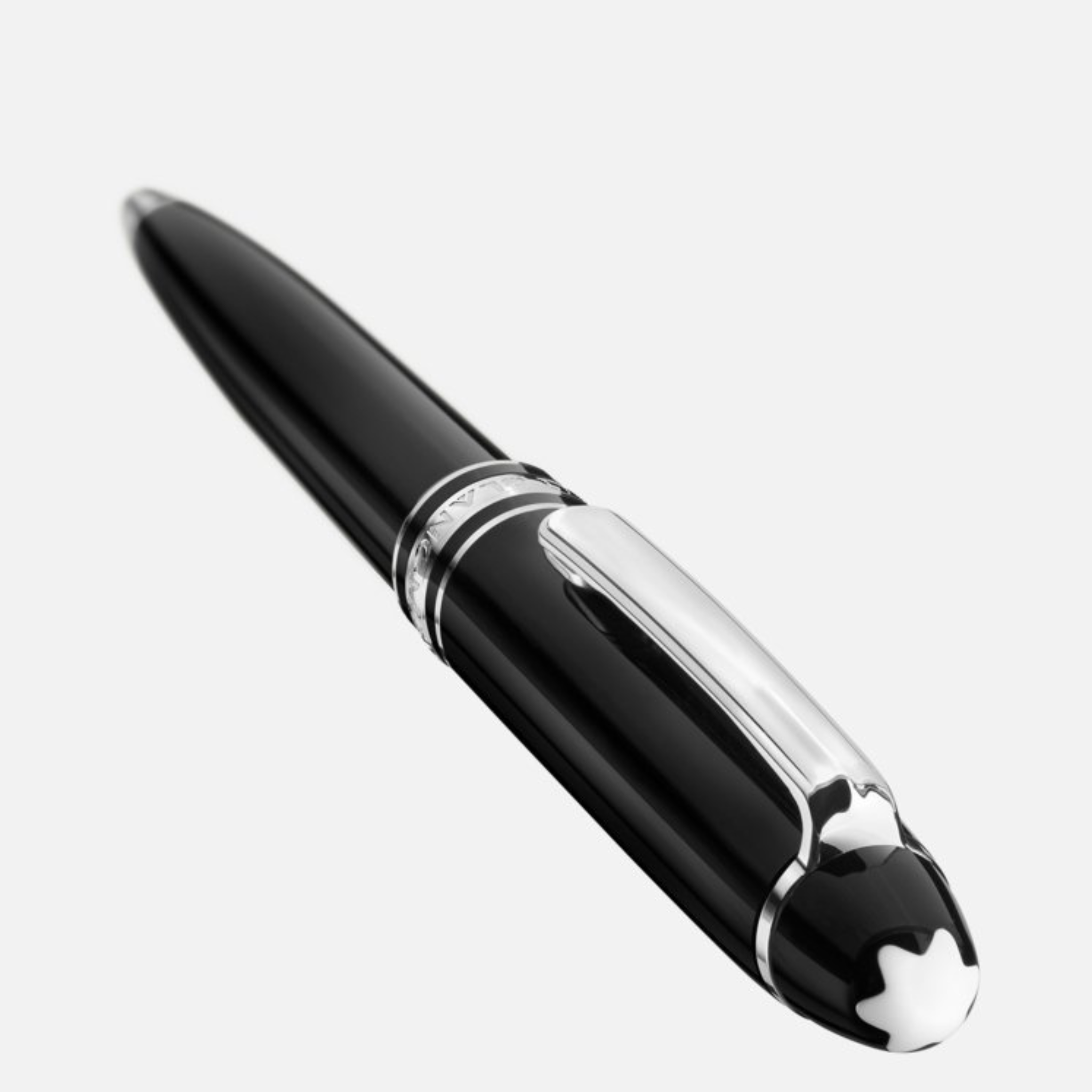 Penna a sfera Montblanc Meisterstück Mozart in resina nera con dettagli in platino e logo Montblanc sulla sommità