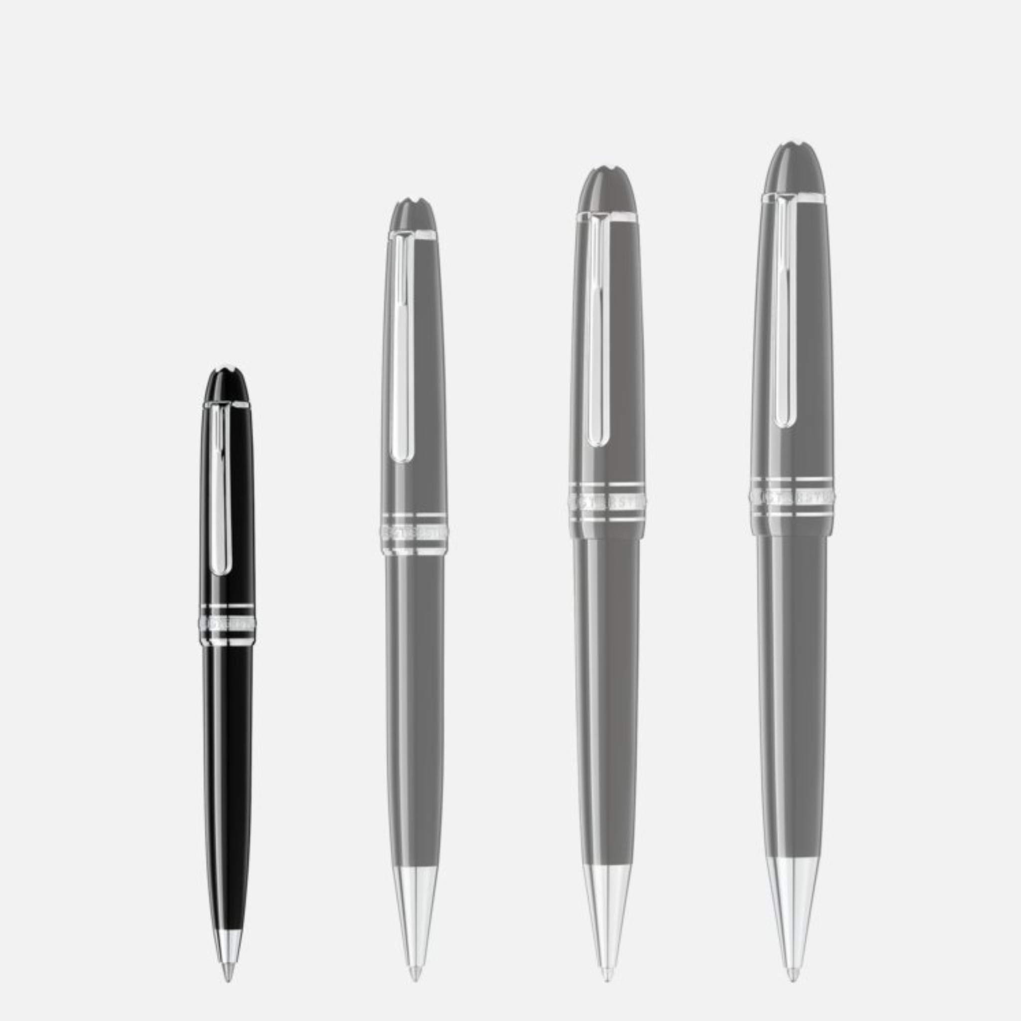 Quattro penne Montblanc Meisterstück affiancate: Mozart, Classique, Midsize e LeGrand. Confronto visivo per evidenziare le differenze dimensionali.
