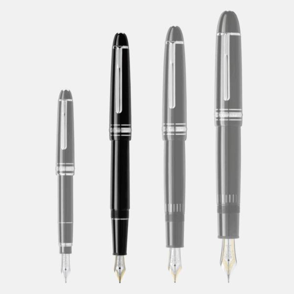 Quattro stilografiche Montblanc Meisterstück Platinum-Coated affiancate: Mozart, Classique, Midsize e LeGrand. Confronto visivo delle dimensioni.