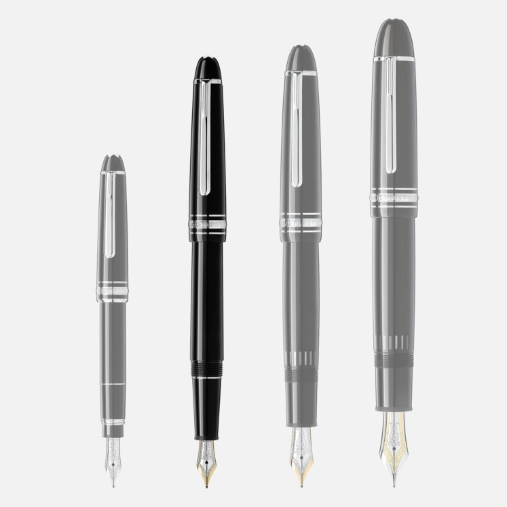 Quattro stilografiche Montblanc Meisterstück Platinum-Coated affiancate: Mozart, Classique, Midsize e LeGrand. Confronto visivo delle dimensioni.