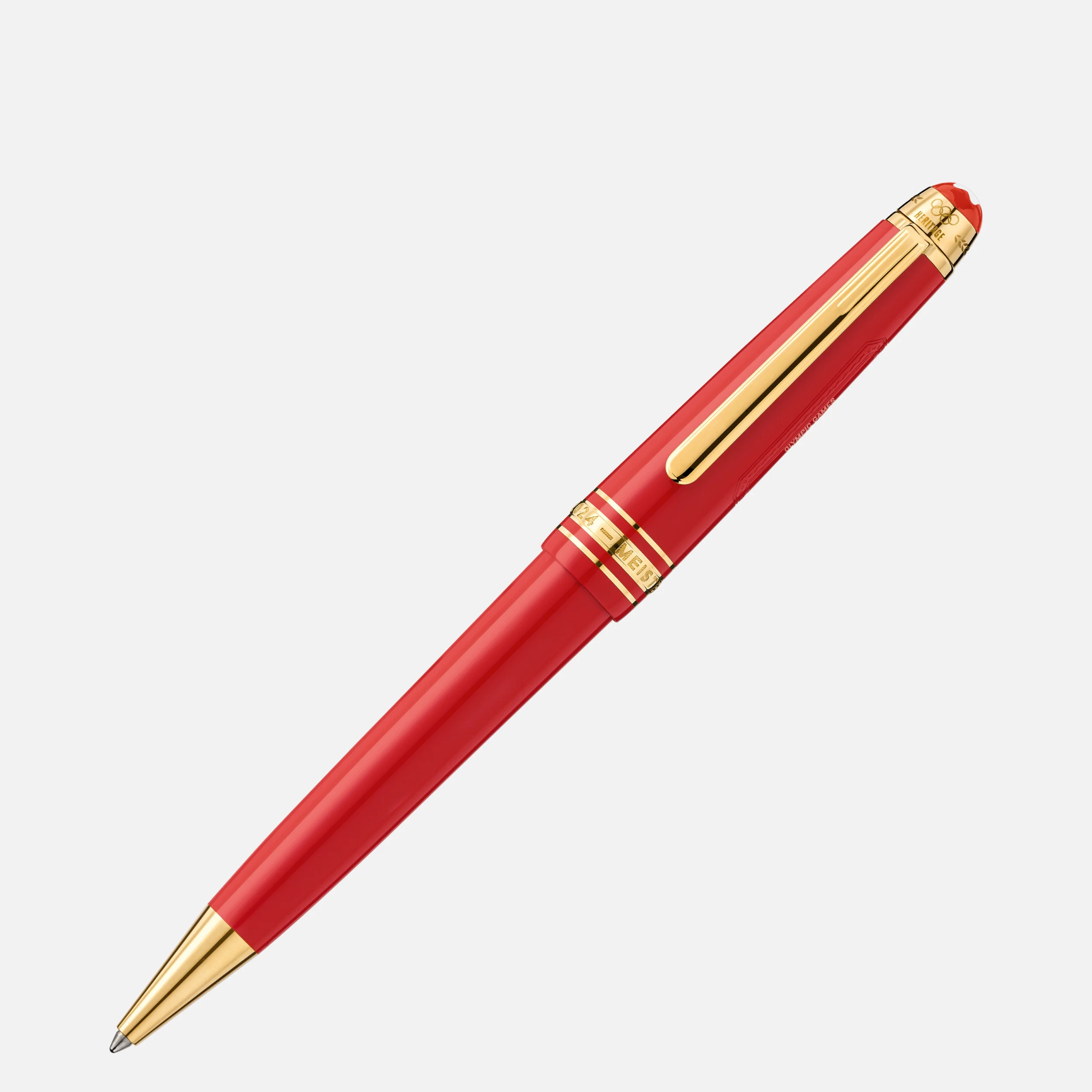 Penna Montblanc con visuale angolata, corpo rosso e dettagli oro