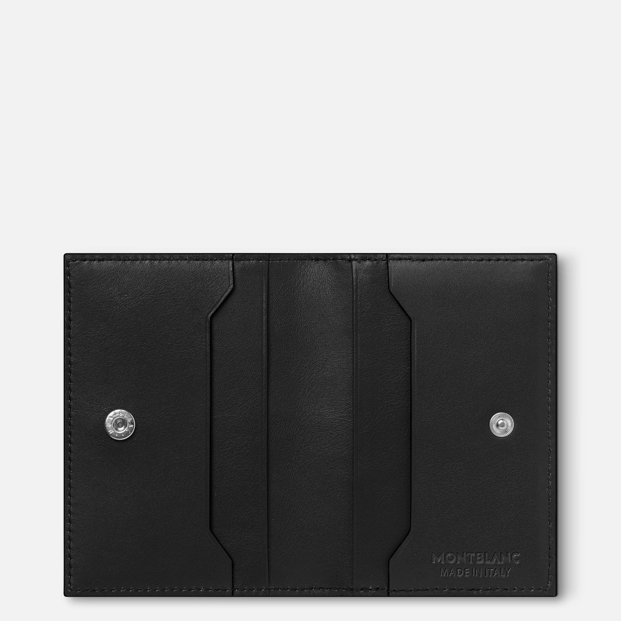 Porta carte Montblanc Soft nero aperto con 4 scomparti e marchio inciso Made in Italy