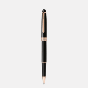 Penna roller Montblanc nera con finiture oro rosa e clip con numero di serie