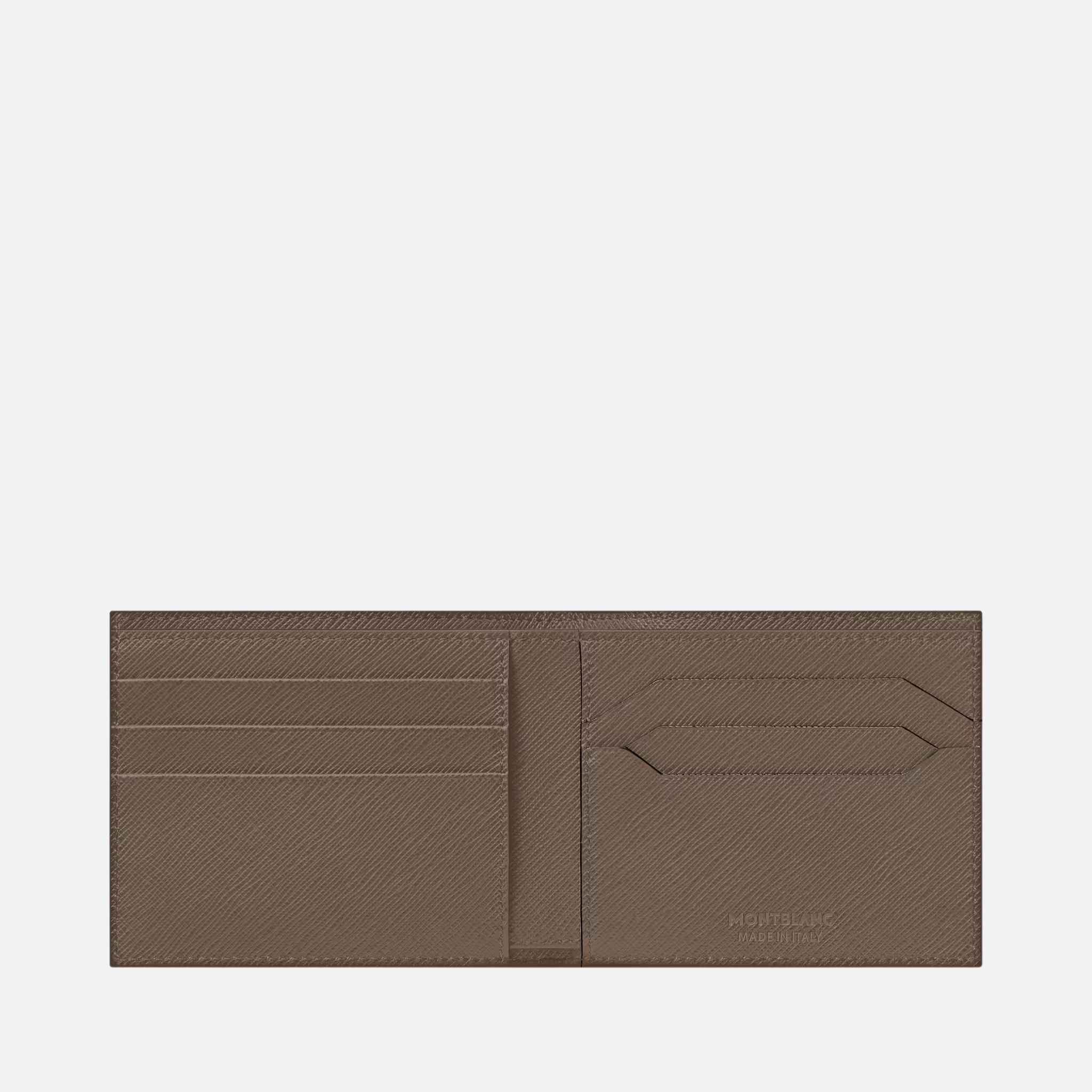 Portafoglio Montblanc Sartorial 6cc in pelle saffiano Mastic tenuto in mano, con emblema Montblanc visibile