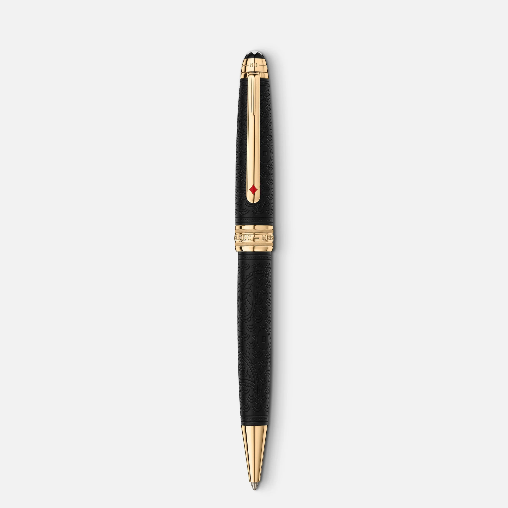 Montblanc Meisterstück 80 Days Midsize – Clip dorata e corpo inciso Penna Montblanc Meisterstück 80 Days Midsize vista frontale con clip dorata