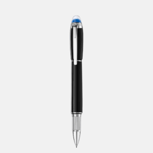 Montblanc StarWalker Fineliner in resina nera con dettagli platino e cupoletta azzurra, vista laterale
