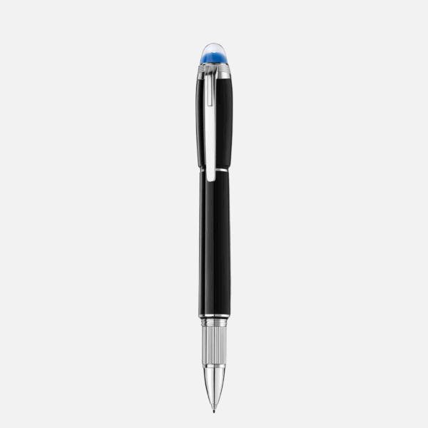 Montblanc StarWalker Fineliner in resina nera con dettagli platino e cupoletta azzurra, vista laterale