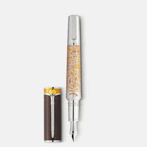 Stilografica Montblanc Van Gogh 4810 aperta con cappuccio rimosso e corpo decorato giallo-arancio
