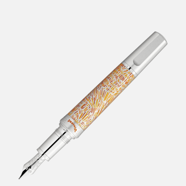 Stilografica Van Gogh Montblanc vista diagonale aperta con corpo giallo-arancio e pennino esposto