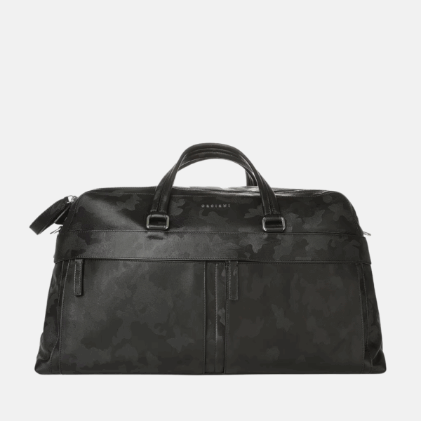 Orciani Borsone Skyline in pelle nera con stampa camouflage, logo frontale e tasche verticali