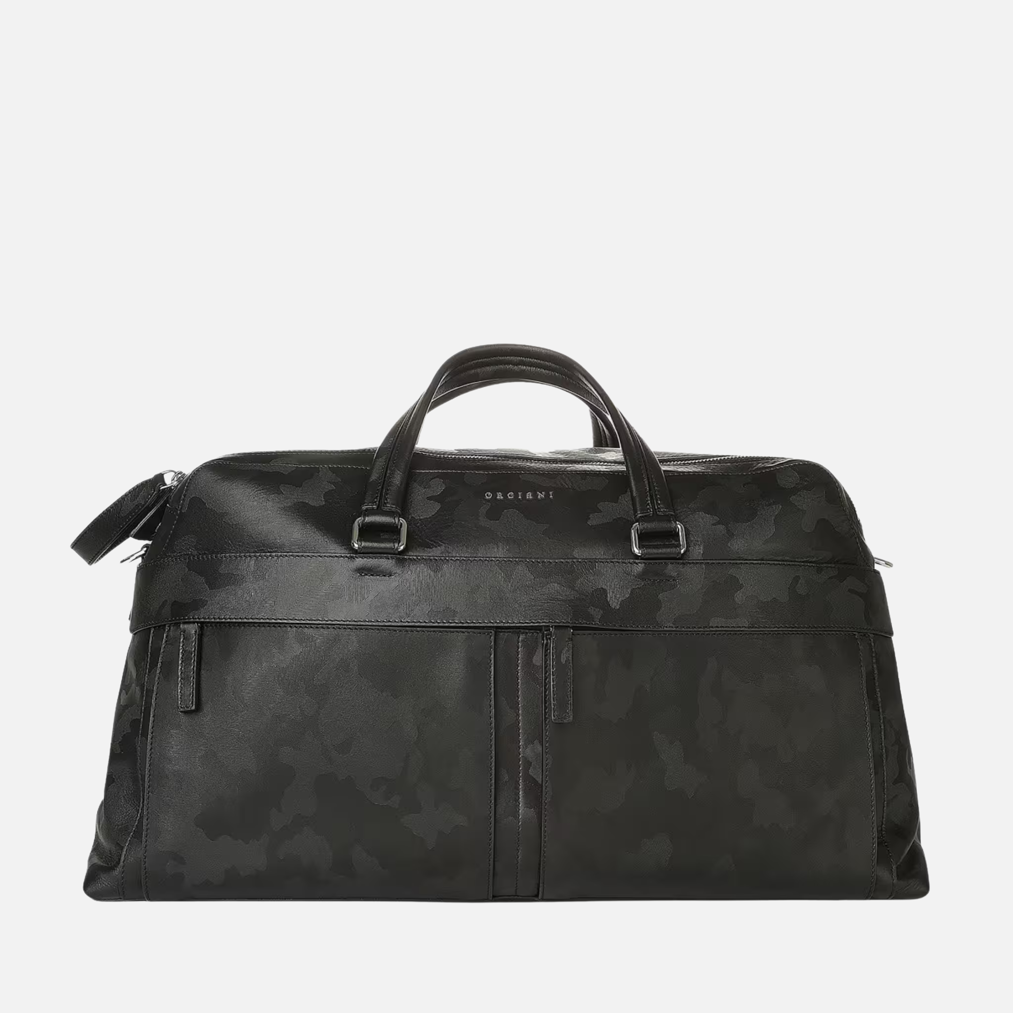 Orciani Borsone Skyline in pelle nera con stampa camouflage, logo frontale e tasche verticali