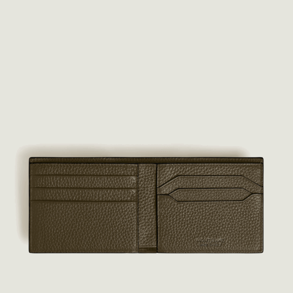 Portafoglio Montblanc aperto in pelle Kaki con slot carte e design angolare asimmetrico