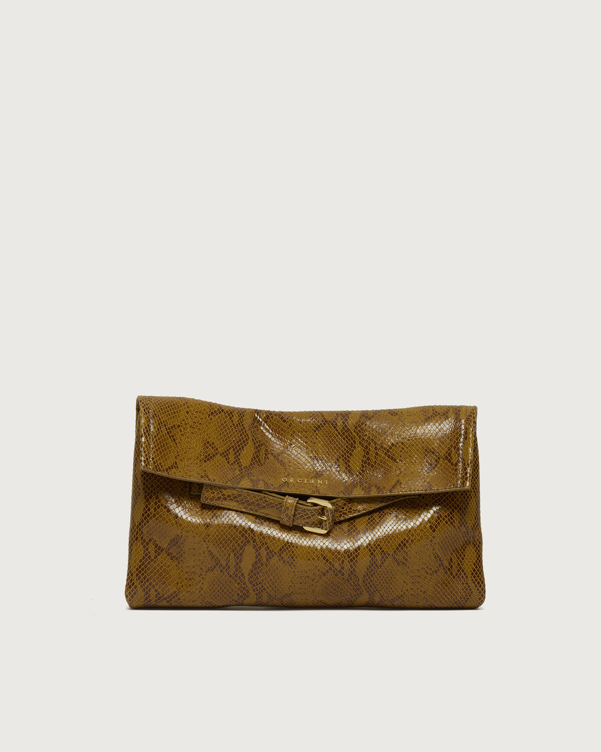 Borsa Venus Clutch Exotic Orciani a mano in pelle effetto pitone marrone