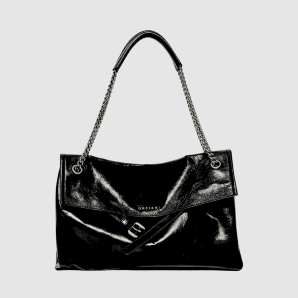 Borsa Orciani Venus Gotham Midi in pelle lucida nera con tracolla catena