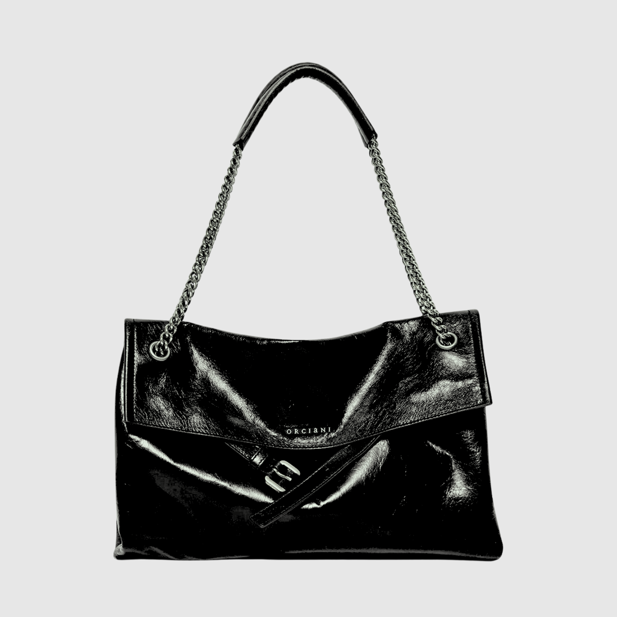 Borsa Orciani Venus Gotham Midi in pelle lucida nera con tracolla catena